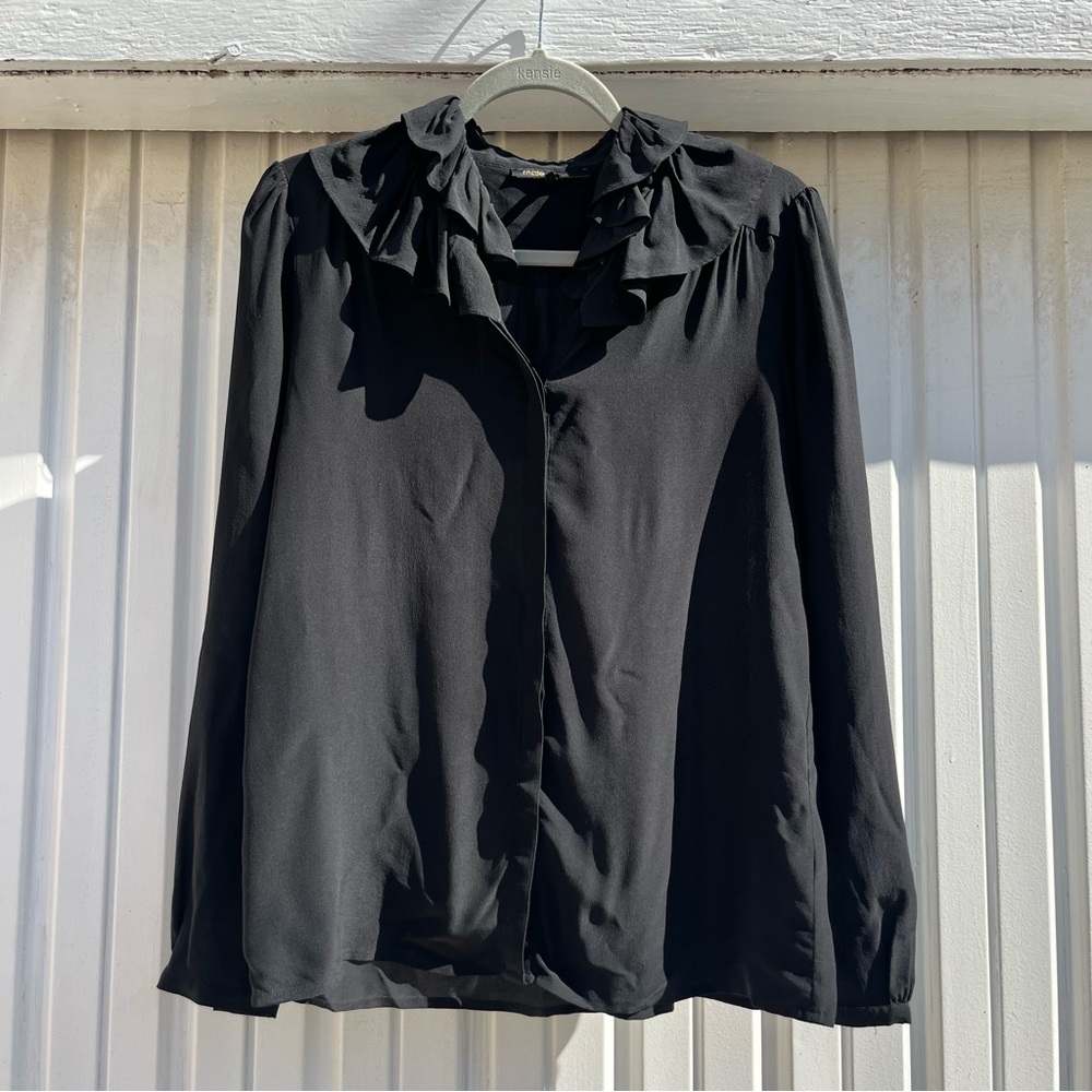 MAJE black semi sheer silk ruffle collar long sleeve‎ button up blouse